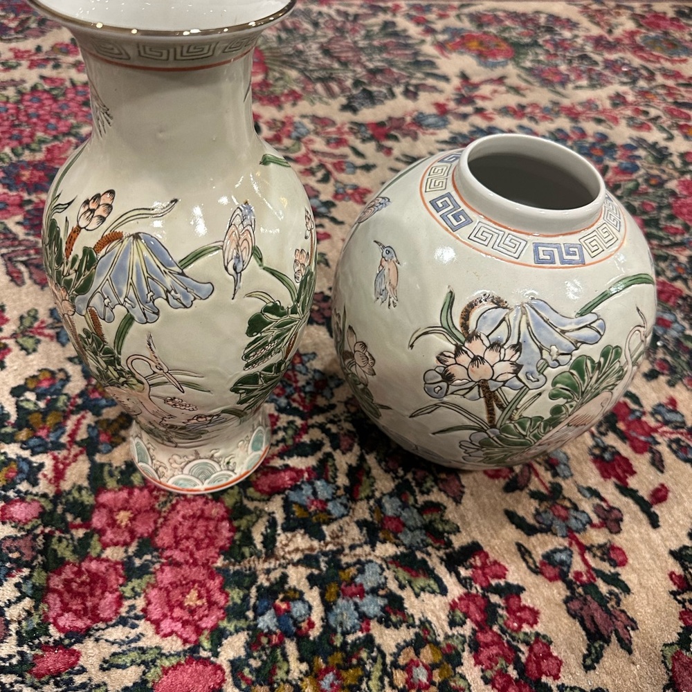Floral Ceramic Vase Set - White and Green